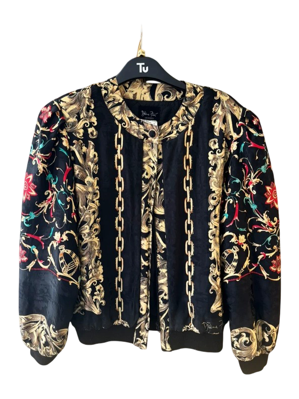 Diane Freis: Vintage 1980s Silk Shirt Jacket / Bomber (Gold/Black, 100% Silk)