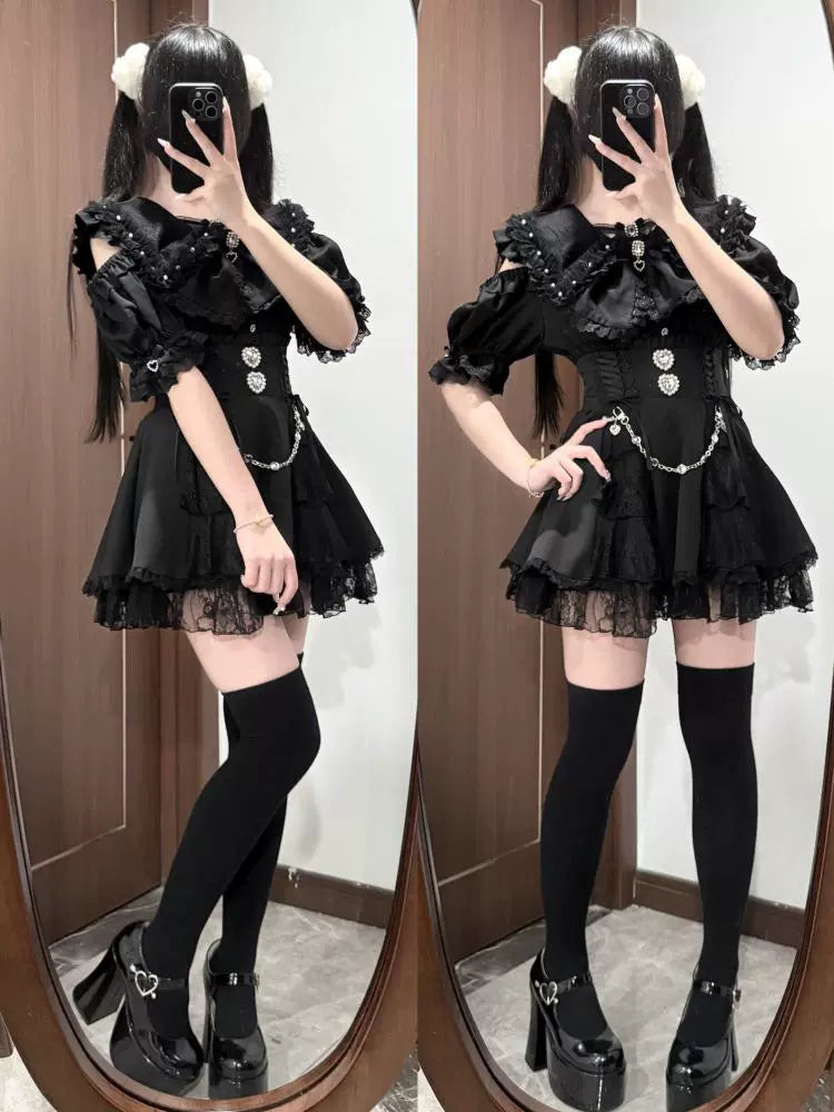 Girl's Jirai Kei: Rabbit Ear Short-Sleeved Shirt (Black)