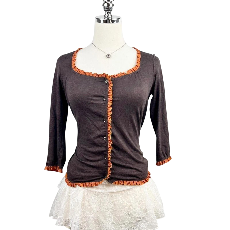 SYAL: Vintage Ruffle Trim Linen Cardigan (Brown/Orange
