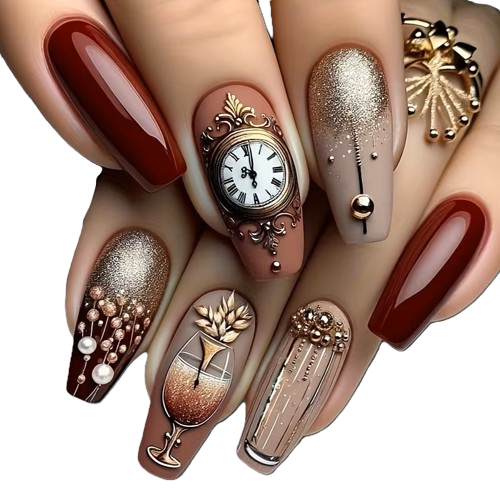 Press-on Fake Nails: French Clock Print (24pcs)