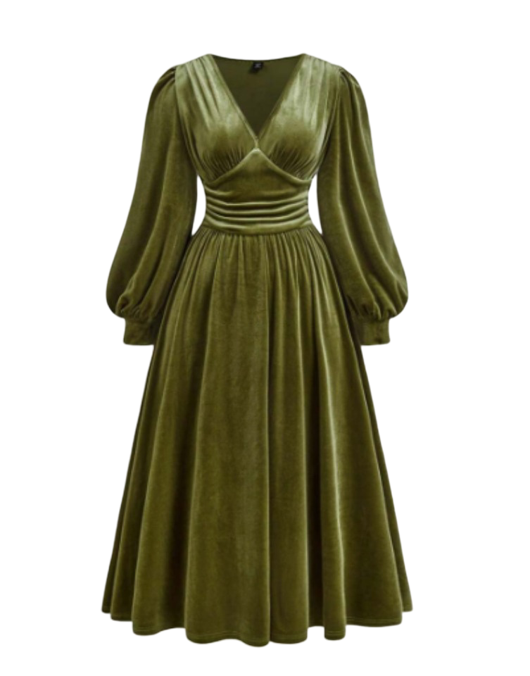 Women's Plus Size V-Neck Ruffle Sleeve Green Dress (Green)