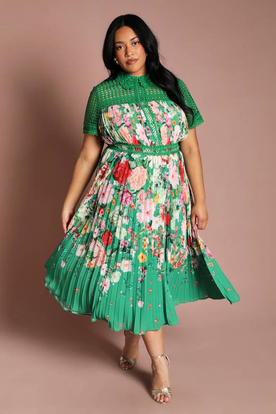 Women's Coast Plus Lace Pleated Placement Print Midi Dress (Green)