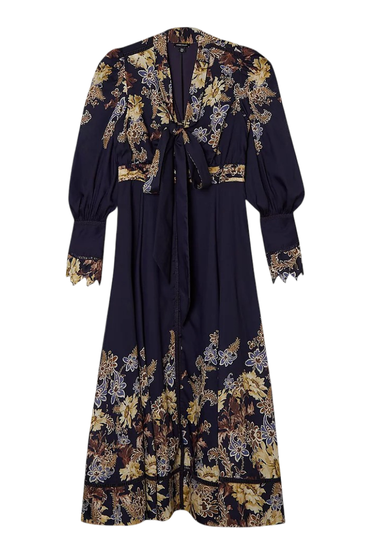 Voile Floral Border Print Woven Maxi Dress With Ladder Lace Trim (Navy)