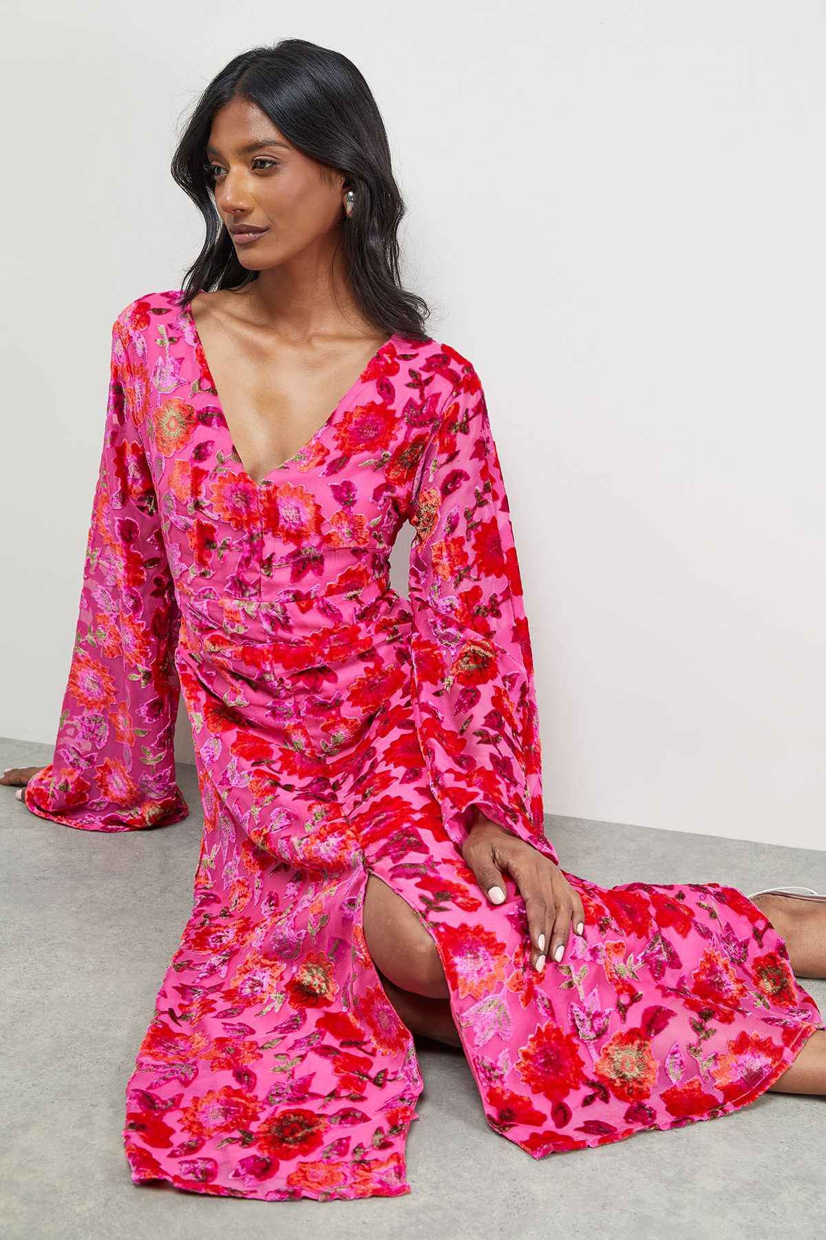 Women's Devore Plunge Neck Waisted Midi Dress