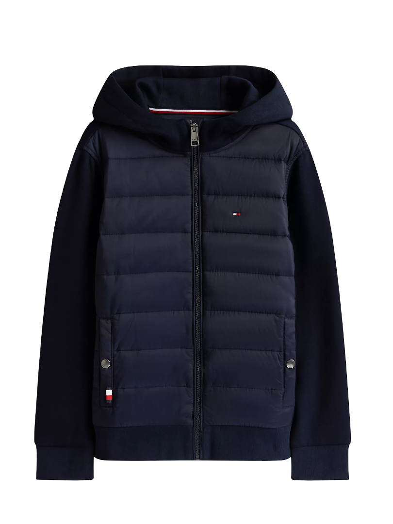 Kids' Mixed Media Hooded Quilted Jacket (Navy Blue)