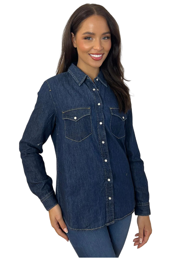 Women's Curved Hem Pearl Buttons Denim Shirt
