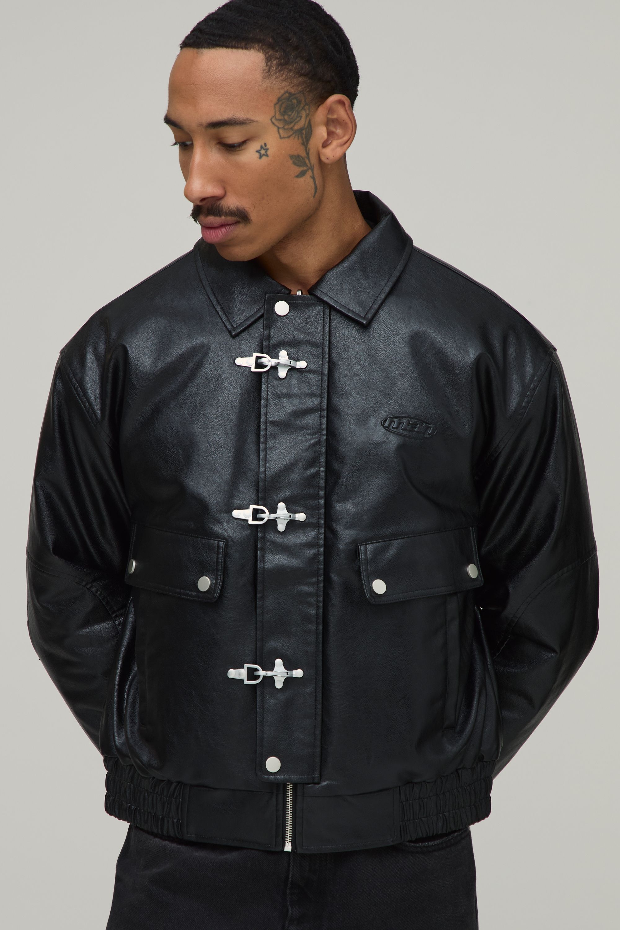 PU & Check Reversible Fireman Clasp Bomber Jacket