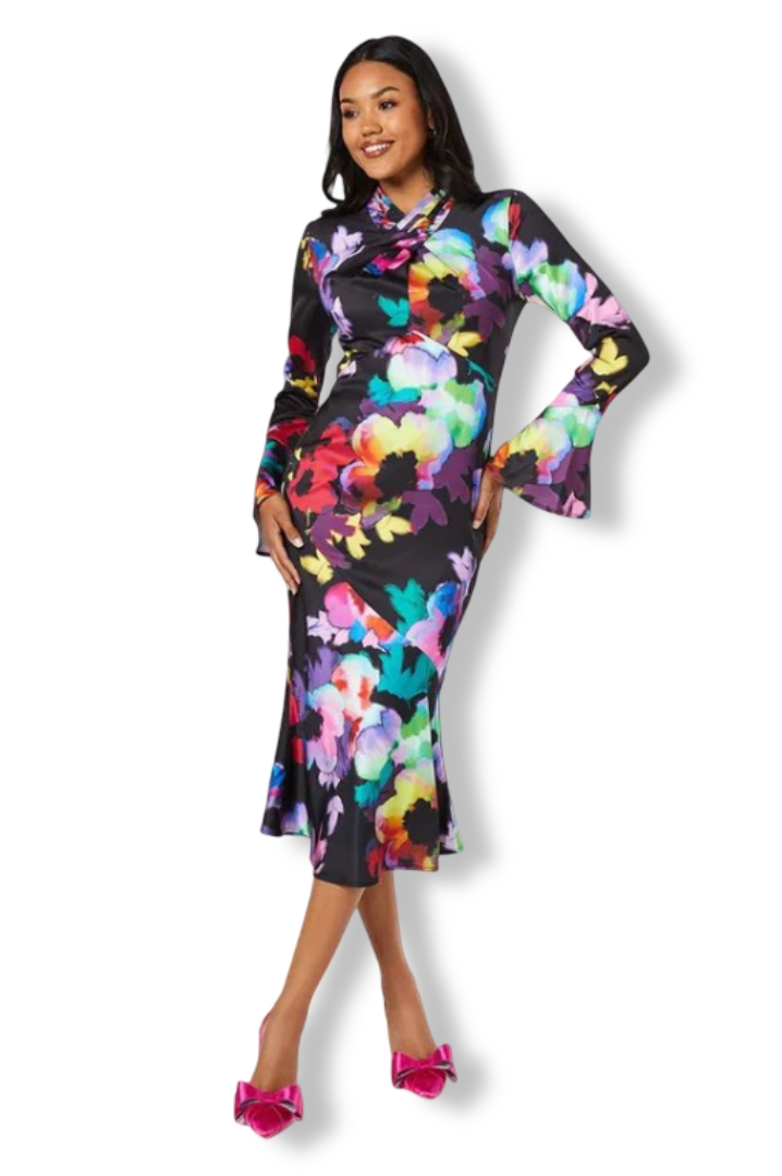Women's Cross Neck Flute Sleeve Midi Dress (Black)
