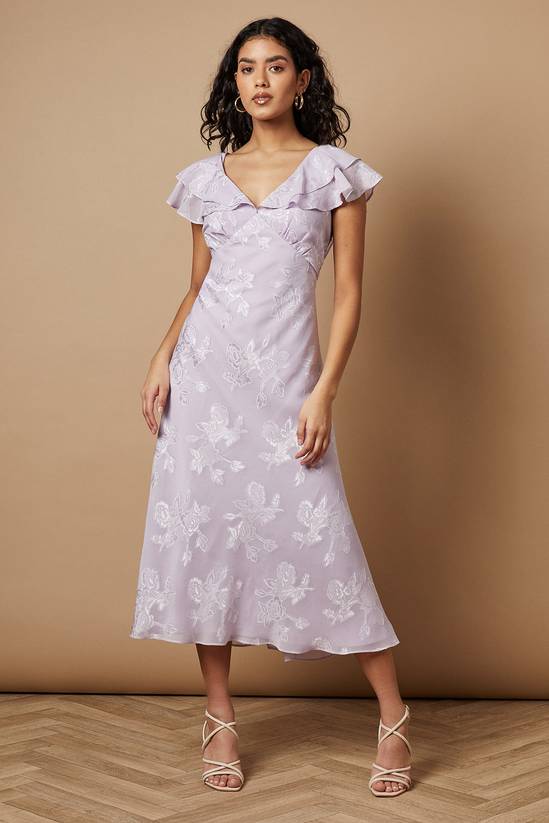 Women's Oasis Petite: Satin Burnout Ruffle Midi Dress (Lilac)