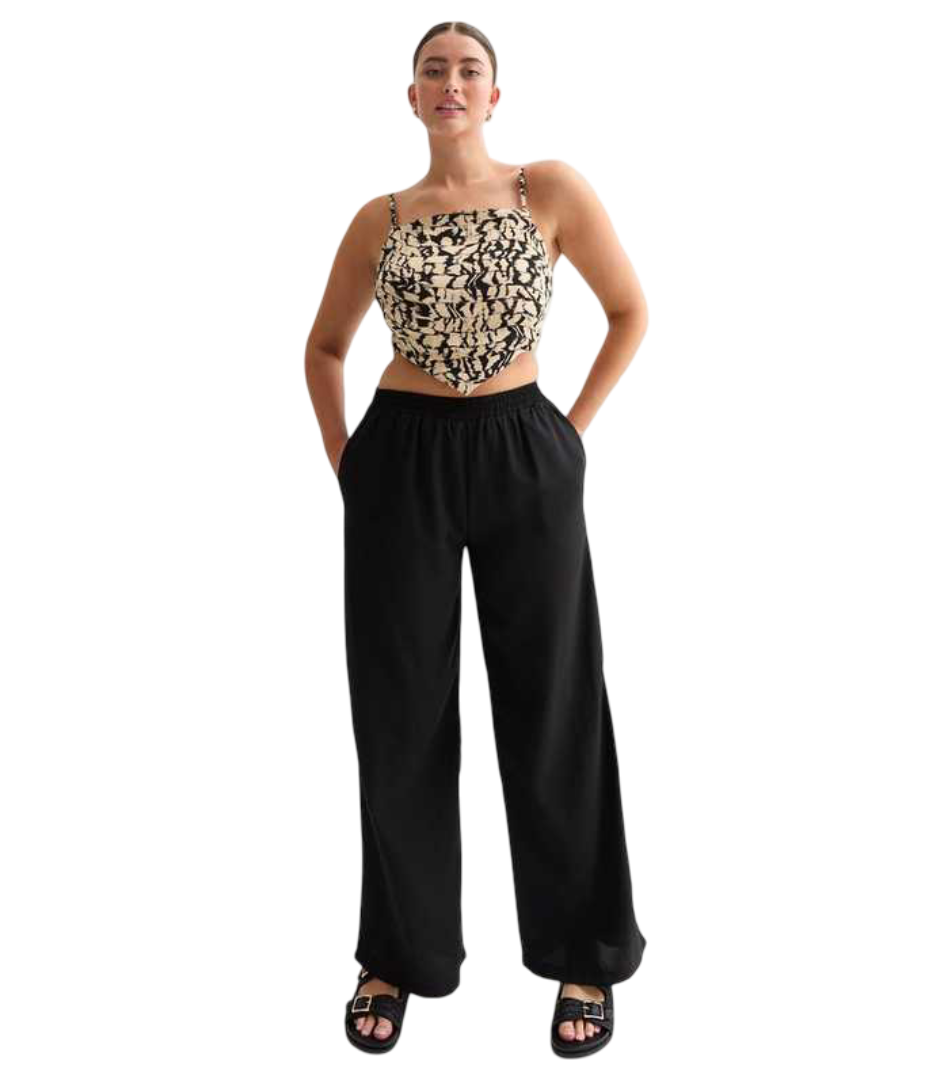 Elasticated Tailored Wide Leg Trousers (Black)