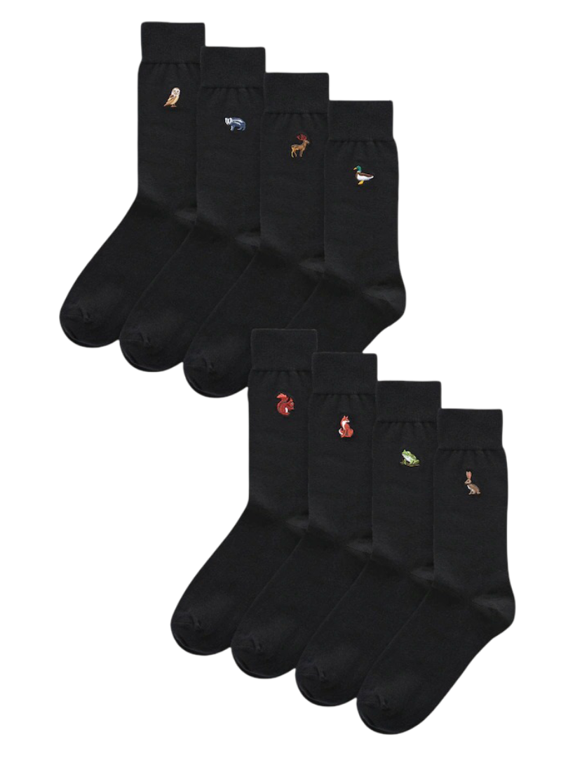 Fun Embroidered Socks (Black Woodland) (Pack of 8)
