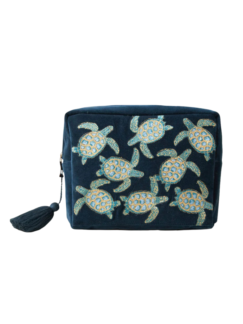Elizabeth Scarlett: Swimming Turtle Velvet Wash Bag (Marine Navy)