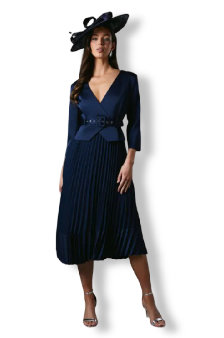 Women's Satin Bodice Pleated Midi Wedding Dress (Navy)
