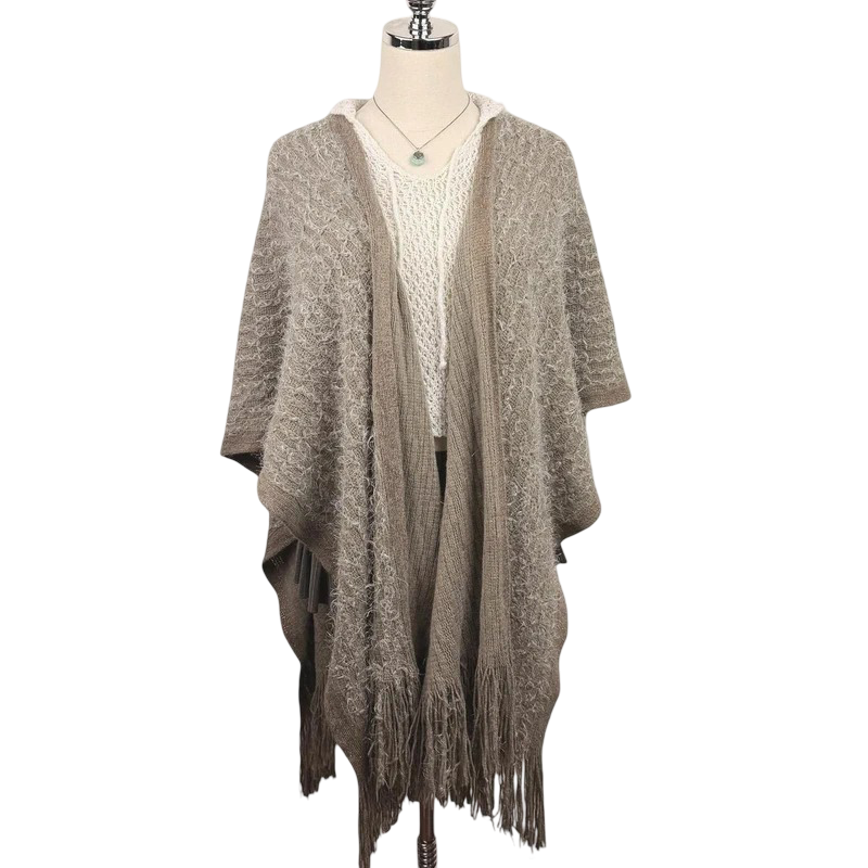 Boho Fringe Cozy Knit Poncho (Beige)
