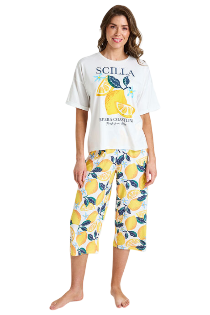 Lemon Print 3/4 Length Trousers Pyjama Set (Yellow)