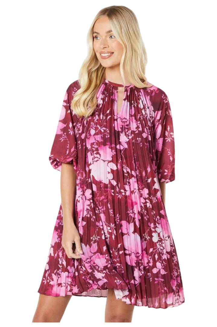 Wallis: Petite Floral Pleated 3/4 Sleeve Shift Dress (Plum)