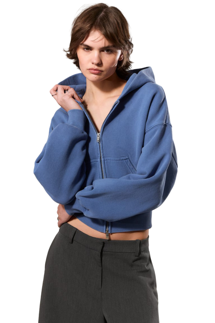 Cropped Boxy Zip Hoodie (Wash Blue)