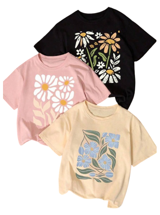 Minimalist Floral Print Casual Round Neck Short Sleeve T-Shirt (Set of 3)