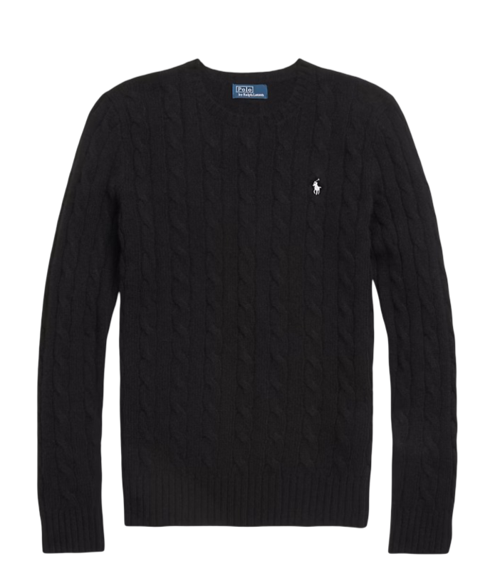 Women's Cable Knit Wool Cashmere Sweater (Polo Black)