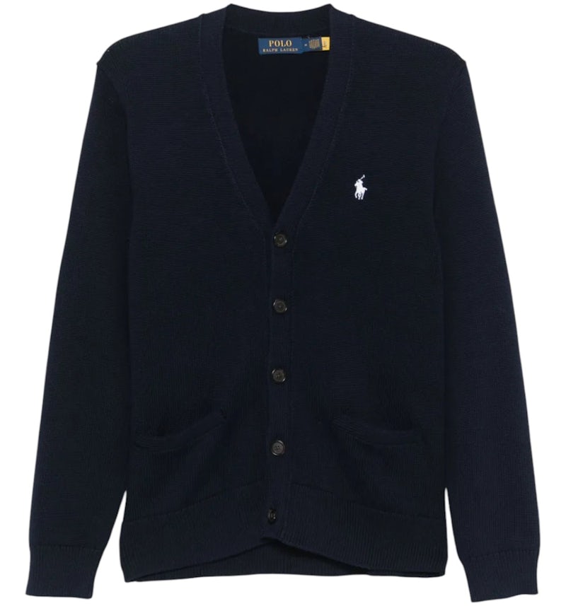 Men's Cotton V-Neck Cardigan (Hunter Navy/White)