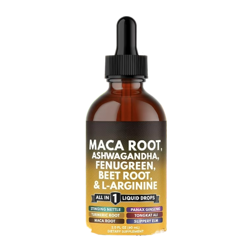 Organic Maca Root Liquid Drops with Ashwagandha, Fenugreek, Beet Root and L-Arginine - Multivitamin Adapto Drive Supplement for Women and Men - 60ml