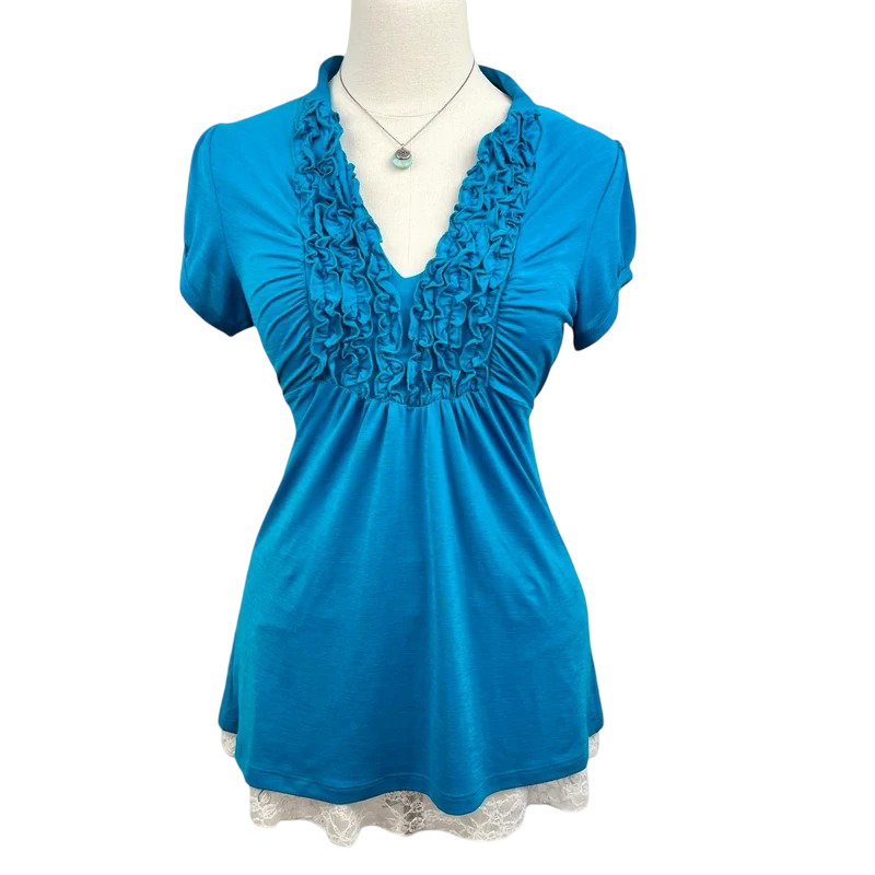 Heart Soul: Ruched Ruffle Tie-Back Y2K Office Chic Top (Blue)