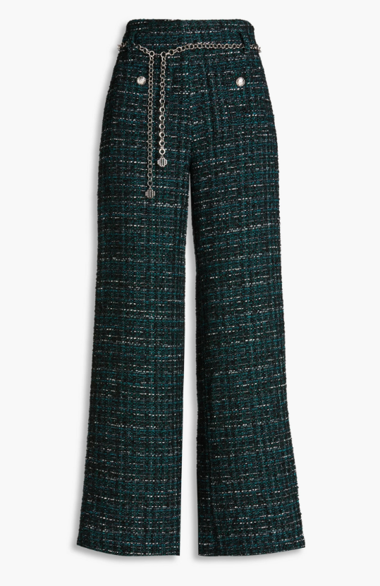 Women's Belted Metallic Boucle Tweed Wide-Leg Pants