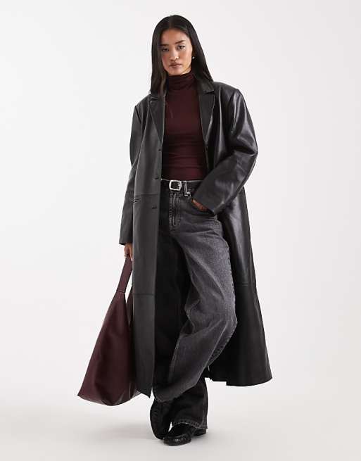 ASOS DESIGN: Women's Longline Real Leather Dad Coat (Black)