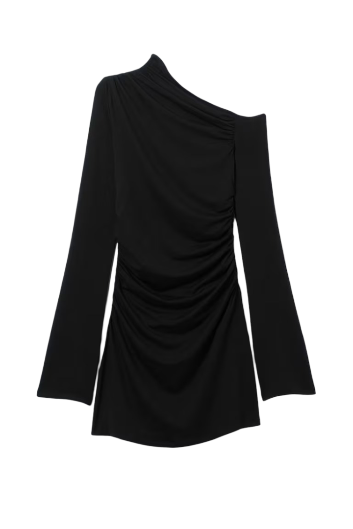 Gathered Mini Long-Sleeve Dress (Black)