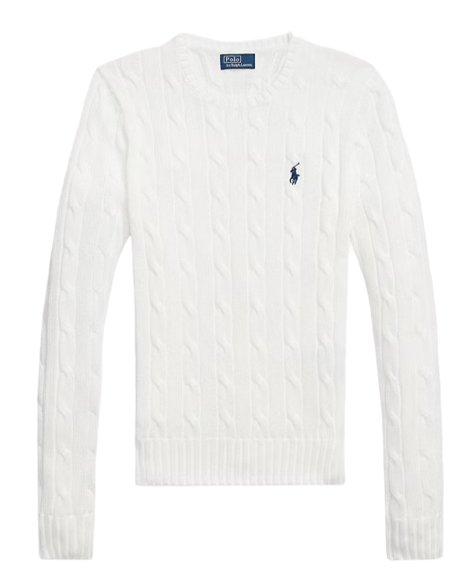 Women's Cable Knit Cotton Crewneck Sweater (White)