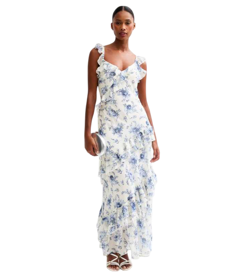 Floral Print Ruffle Trim Midi Dress (Blue)