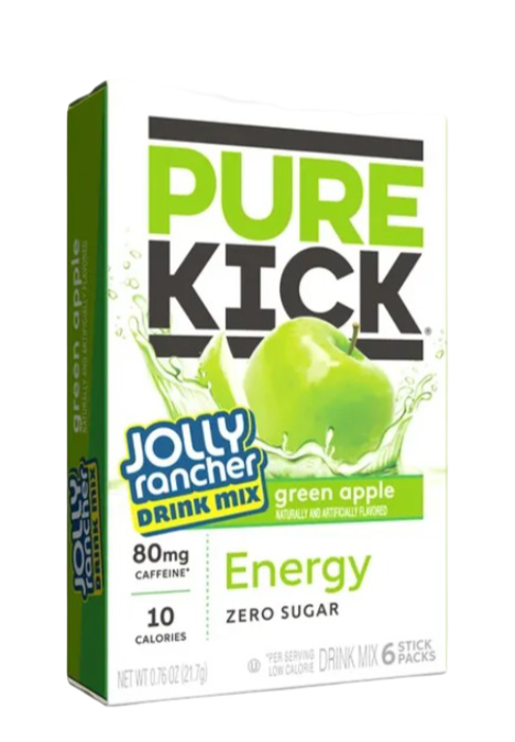 Pure Kick: Energy Caffeine & Electrolyte Powder Drink Mix Jolly Rancher Green Apple Pack (6 Count Packets)