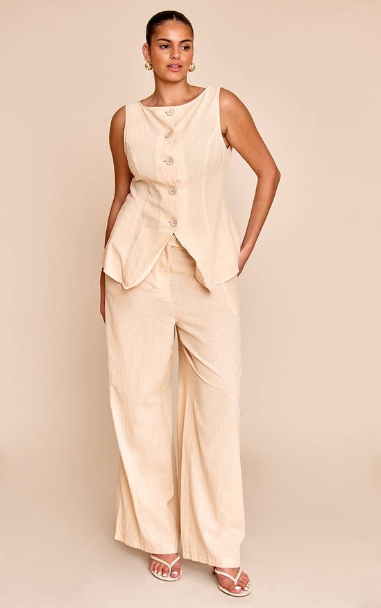 Women's Plus Sand Boat Neckline Button Down Linen Look Stripe Waistcoat Co-ord