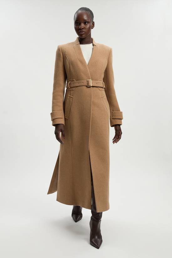Women's Wool Investment Notch Neck Belted Detail Tailored Maxi Coat