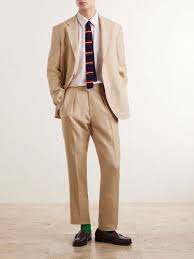 Men's Straight-Leg Pleated Linen Suit Trousers (Beige)