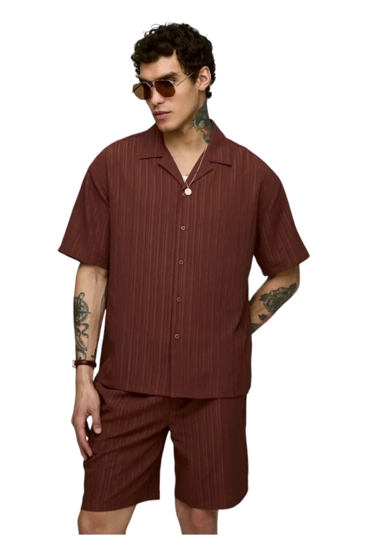 BoohooMan: Oversized Textured Short Sleeve Shirt & Short Set (Brown)