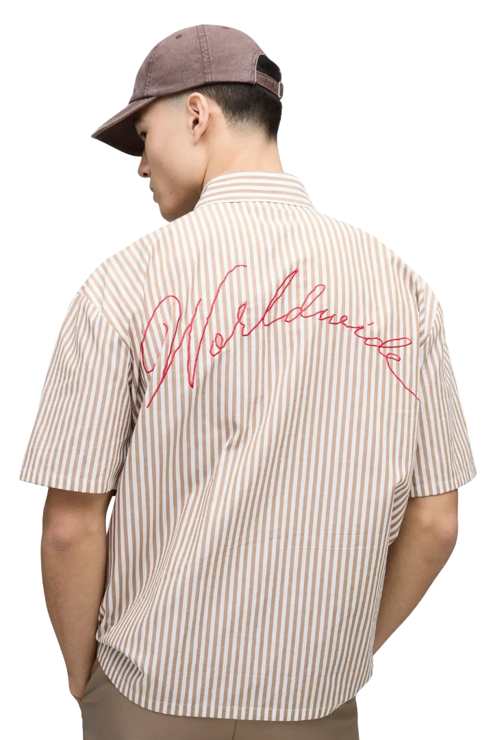 boohooMAN: Oversized Worldwide Embroidery Slogan Stripe Shirt (Stone)