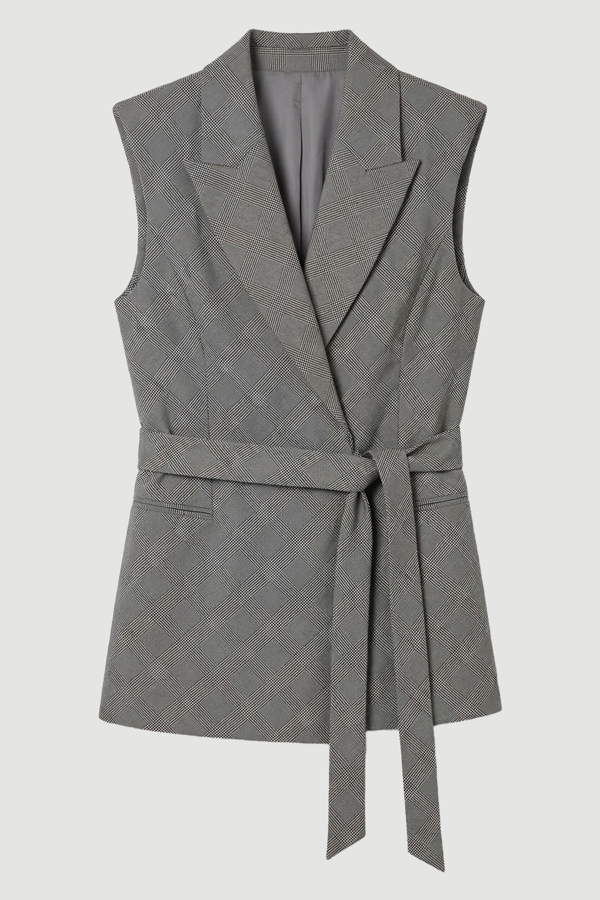 Women's Soft Tailored Check Wrap Detail Sleeveless Blazer (Grey)
