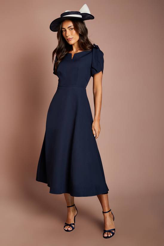 Women's Lisa Tan Bow Shoulder Crepe Full Skirt Midi Dress (Navy)