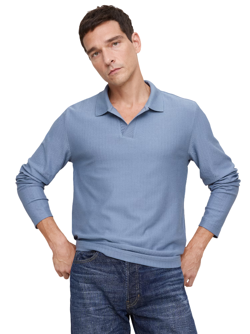 Herringbone Cotton Long-Sleeve Polo (Frozen Loch Blue)