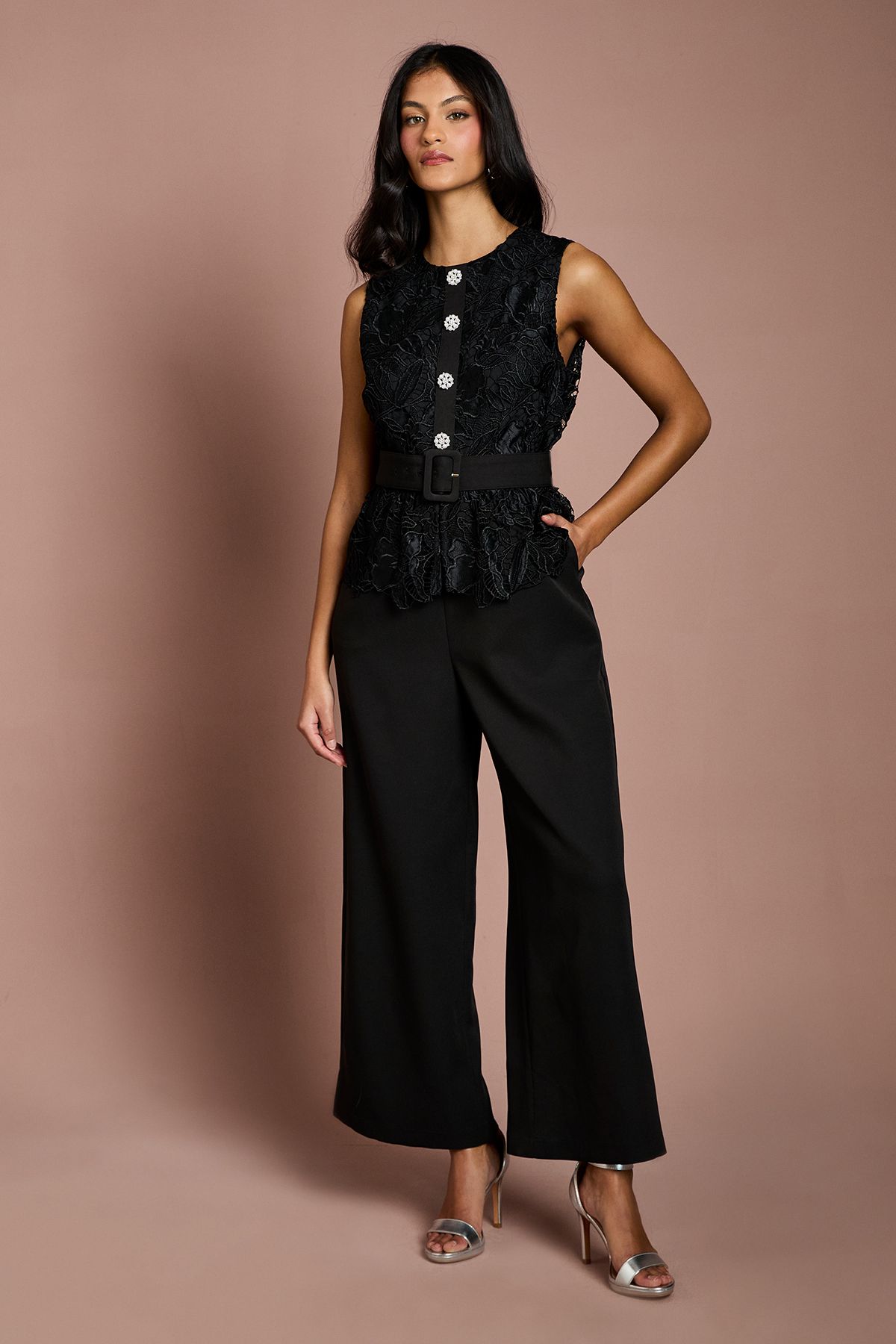 Women's Petite Lace Bodice Crepe Trouser Belted Jumpsuit (Black)