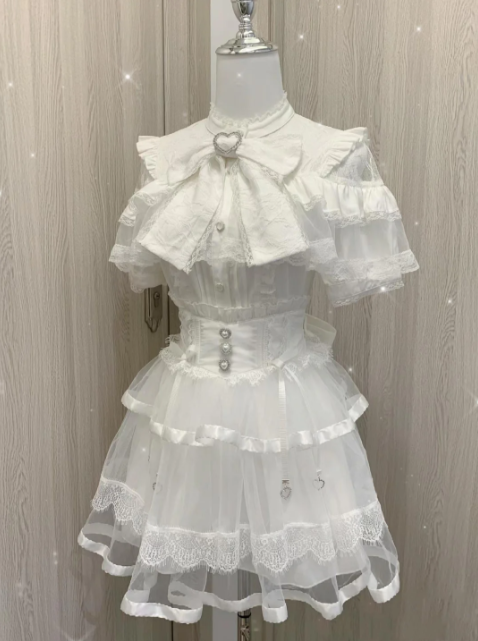 Jirai Kei: Blouse Ruffle Lace Ribbon Short Sleeve Shirt (White)