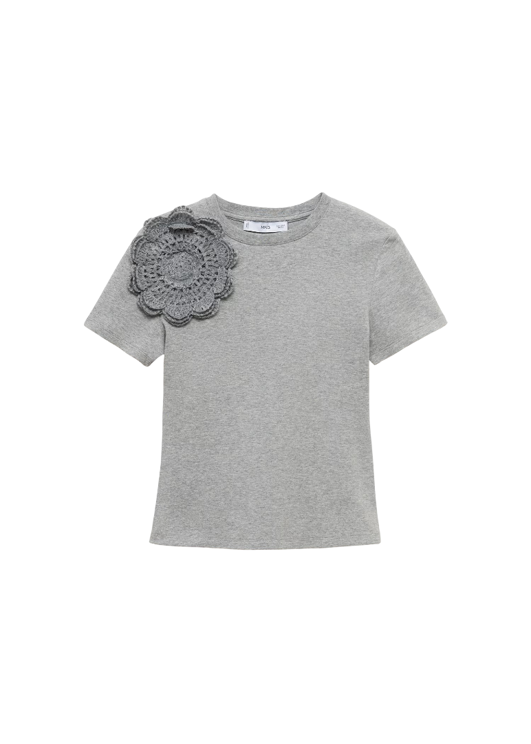 Cotton T-shirt With Crochet Flower Appliqué (Medium Grey Mottled)