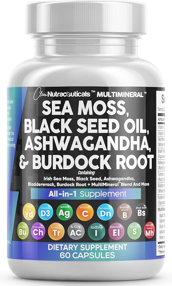 Clean Nutra Sea Moss Black Seed Oil with Ashwagandha Burdock Root Bladderwrack - Multimineral Dietary Supplement (60 Capsules)