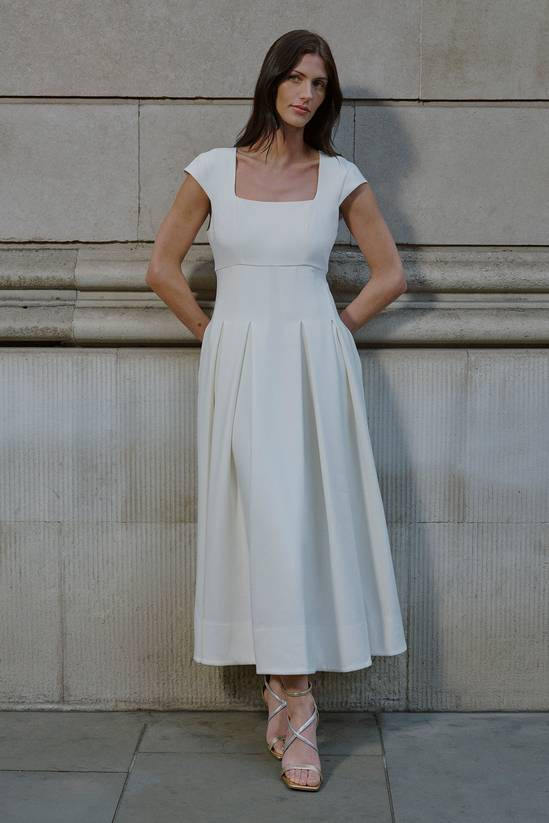 Women's Karen Millen Clean Tailored Square Neck Full Skirted Midi Dress (Ivory)