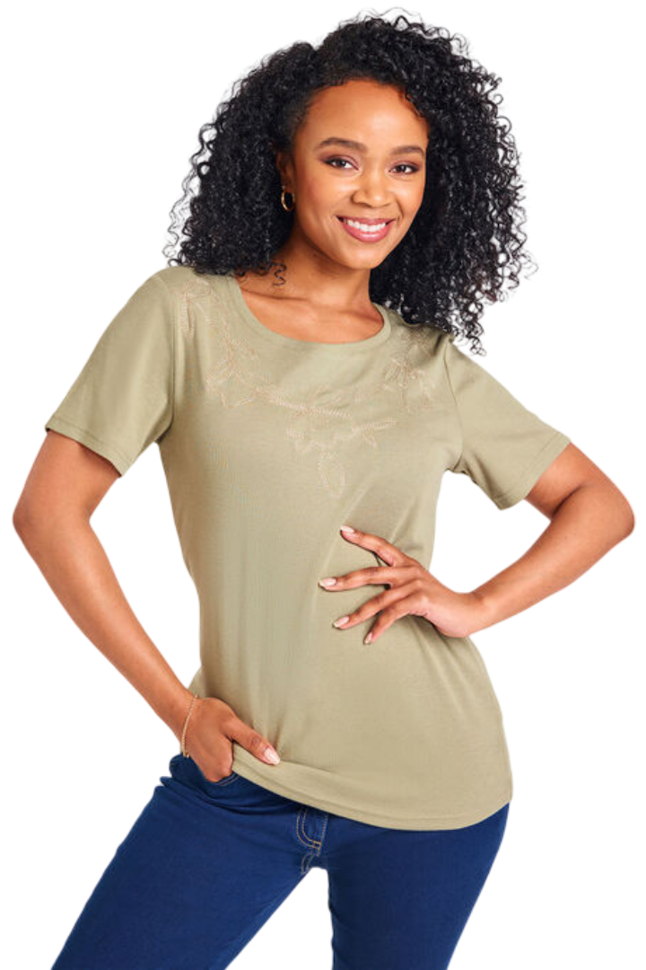 Short Sleeve Lurex Leaf Embroidered T-Shirt (Khaki)