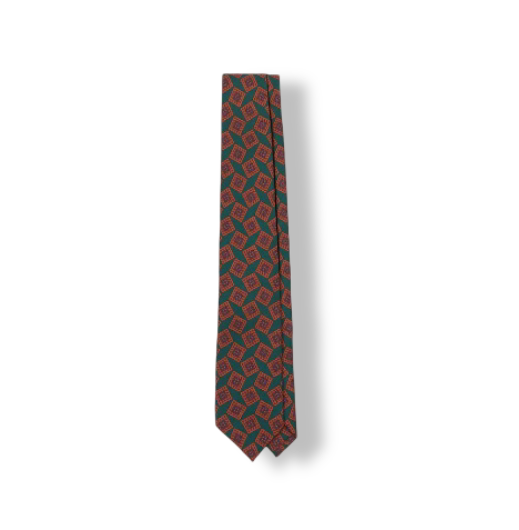 Men's Jumbled Tile Print Silk Twill Self Tipped Tie (Green & Brown)