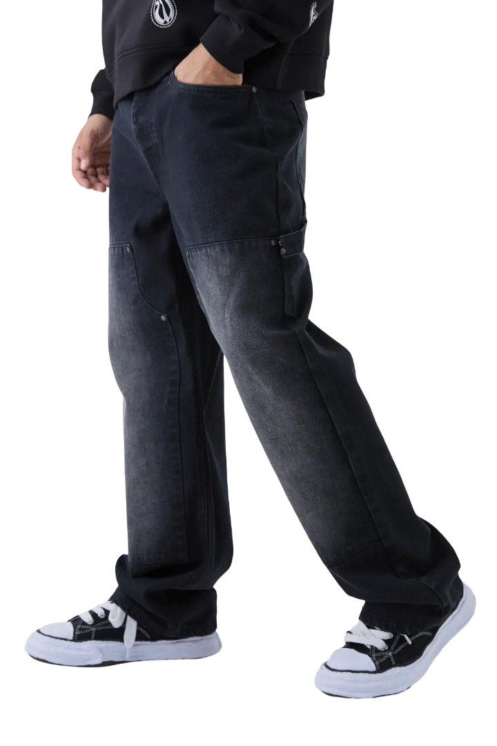 boohooMAN: Relaxed Fit Carpenter Washed Jeans (Washed Black)