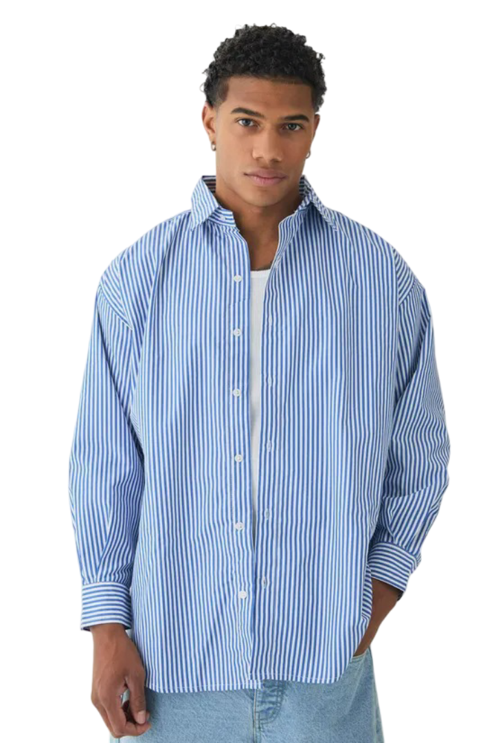 BoohooMan: Oversized Striped Long Sleeve Shirt (Blue)