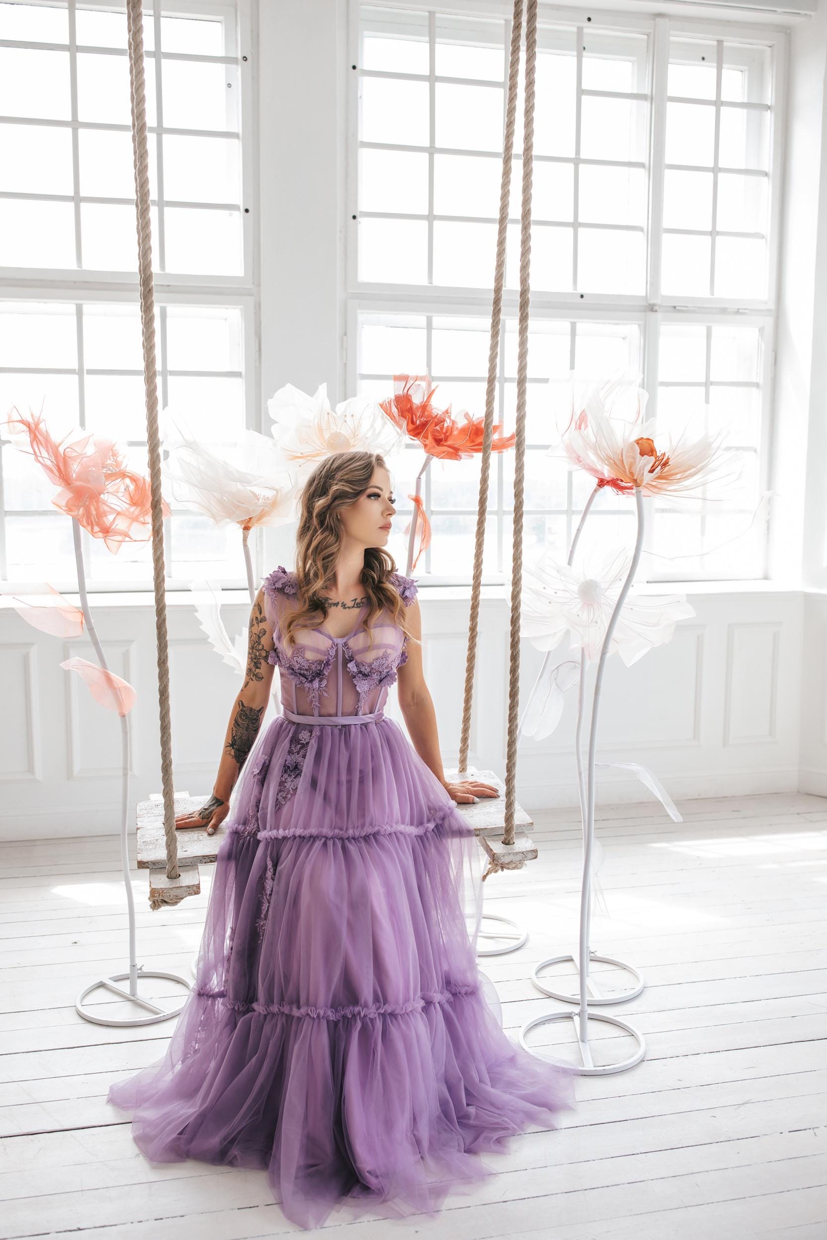Women's Lavender Fairy Dress, Floral Tulle Gown (Lavender)